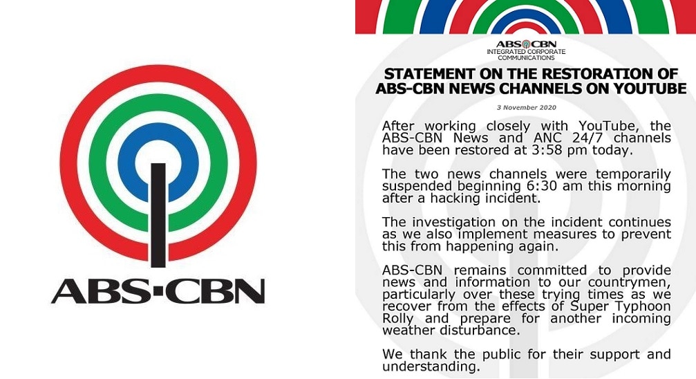 Statement On The Restoration Of ABS-CBN News Channels On YouTube